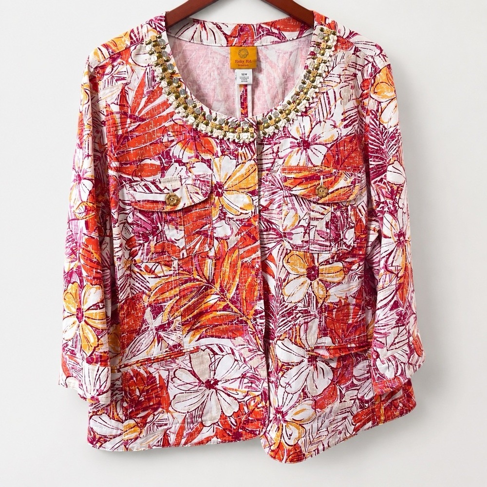 Ruby Rd Woman 16W Tropical Floral Embellished Jacket Top Pink Orange 3/4 Sleeve